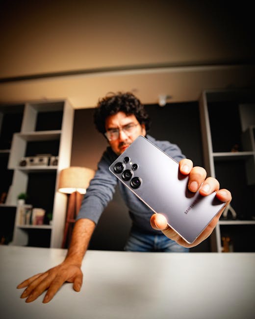 현대적인 인테리어 속에서 한 사람이 삼성 스마트폰을 보여주고 있다.