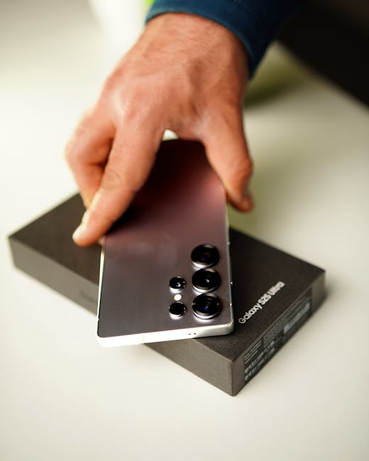 상자와 함께 삼성 갤럭시 S25 울트라 스마트폰을 들고 있는 손의 클로즈업.